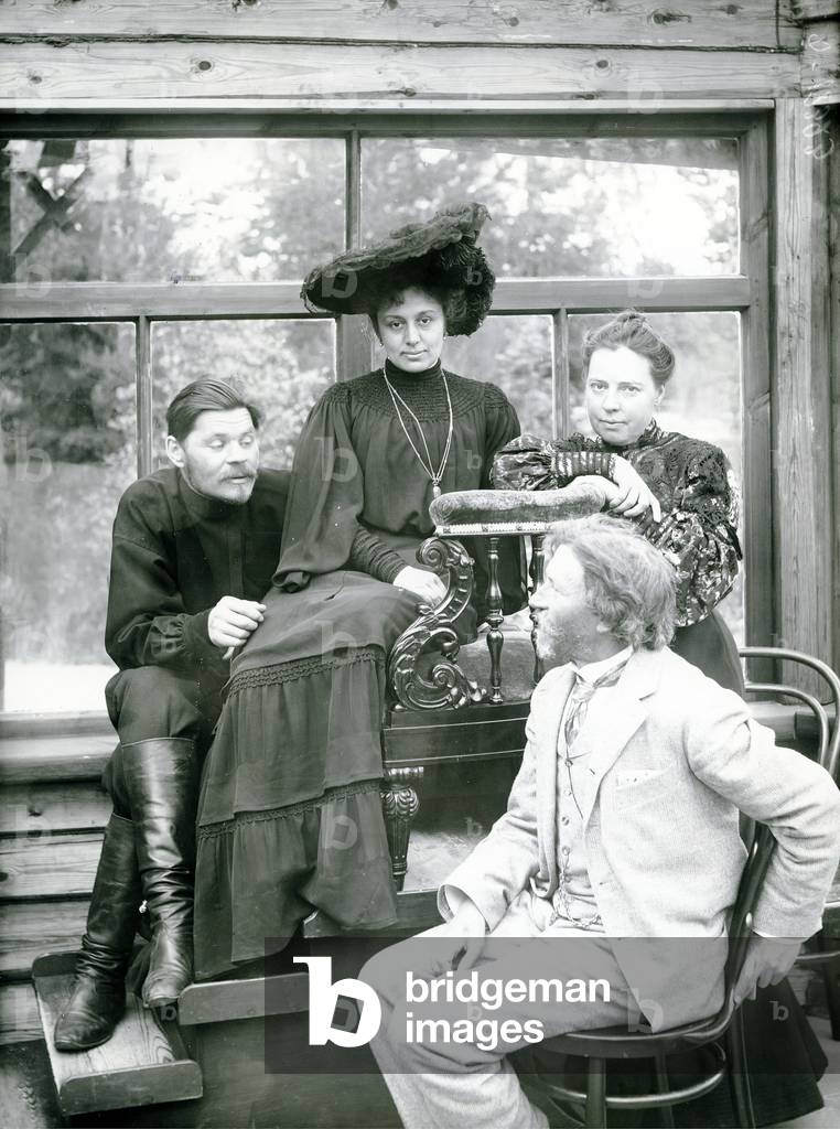 The writer Maxim Gorky and actress Maria Andreeva with Ilya Repin and his wife at 'Penates', Repin's dacha (b/w photo)