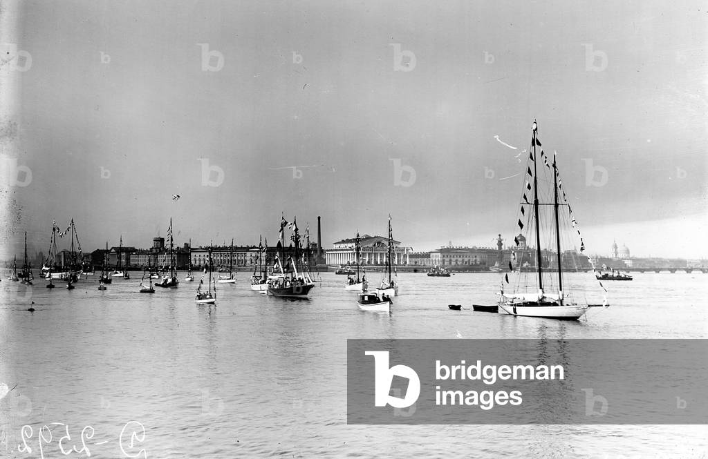 Flotilla of yachts on the River Neva to celebrate the bicentenary of St Petersburg, May 1903 (b/w photo)