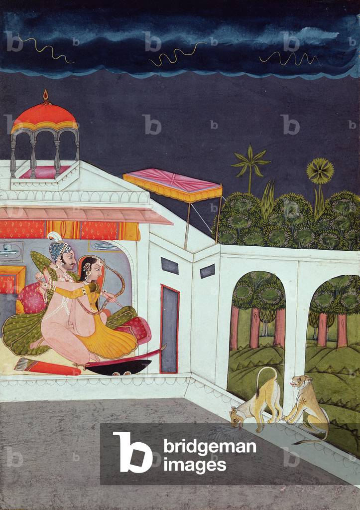 Una coppia fa l'amore durante il quale l'uomo spara ai leoni dal loro padiglione, Rajasthan, Scuola Rajput, 18