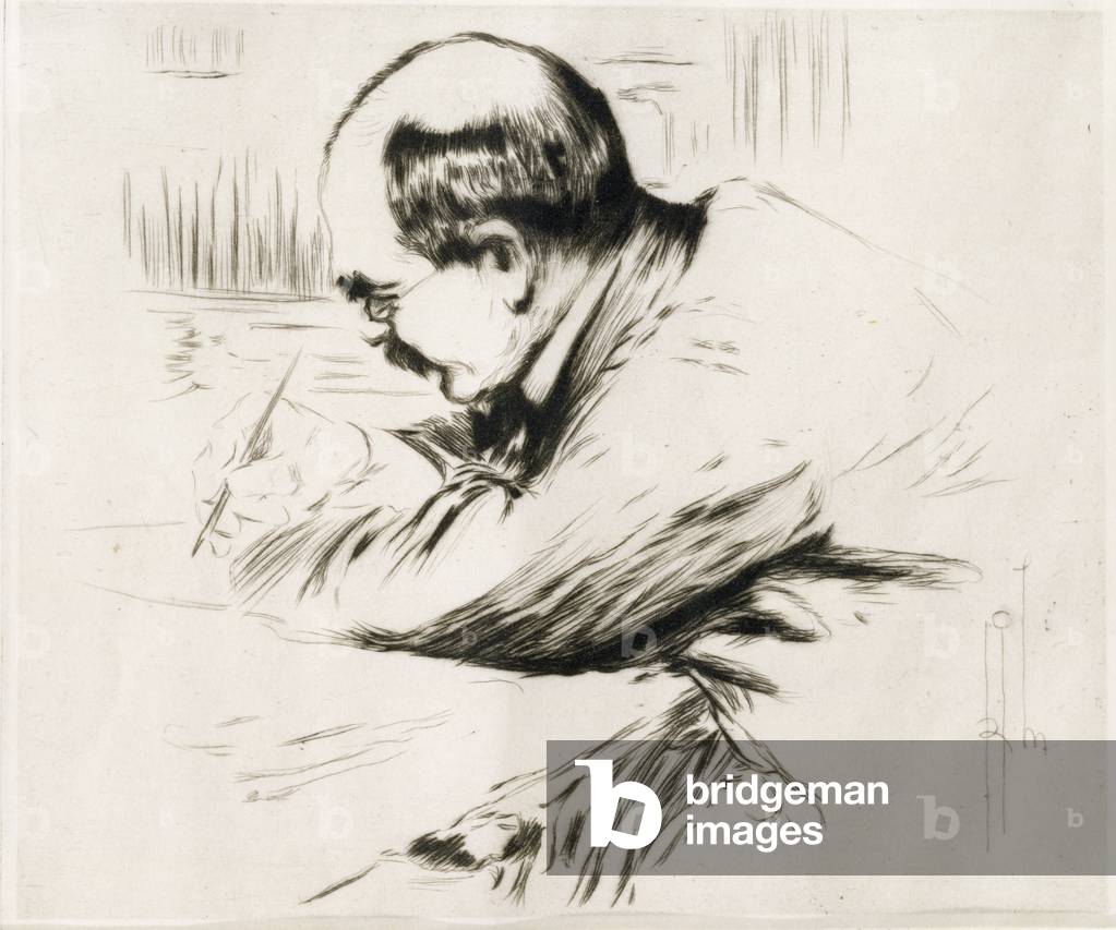 Rudyard Kipling (1865-1936) an seinem Schreibtisch (Kaltnadelradierung)