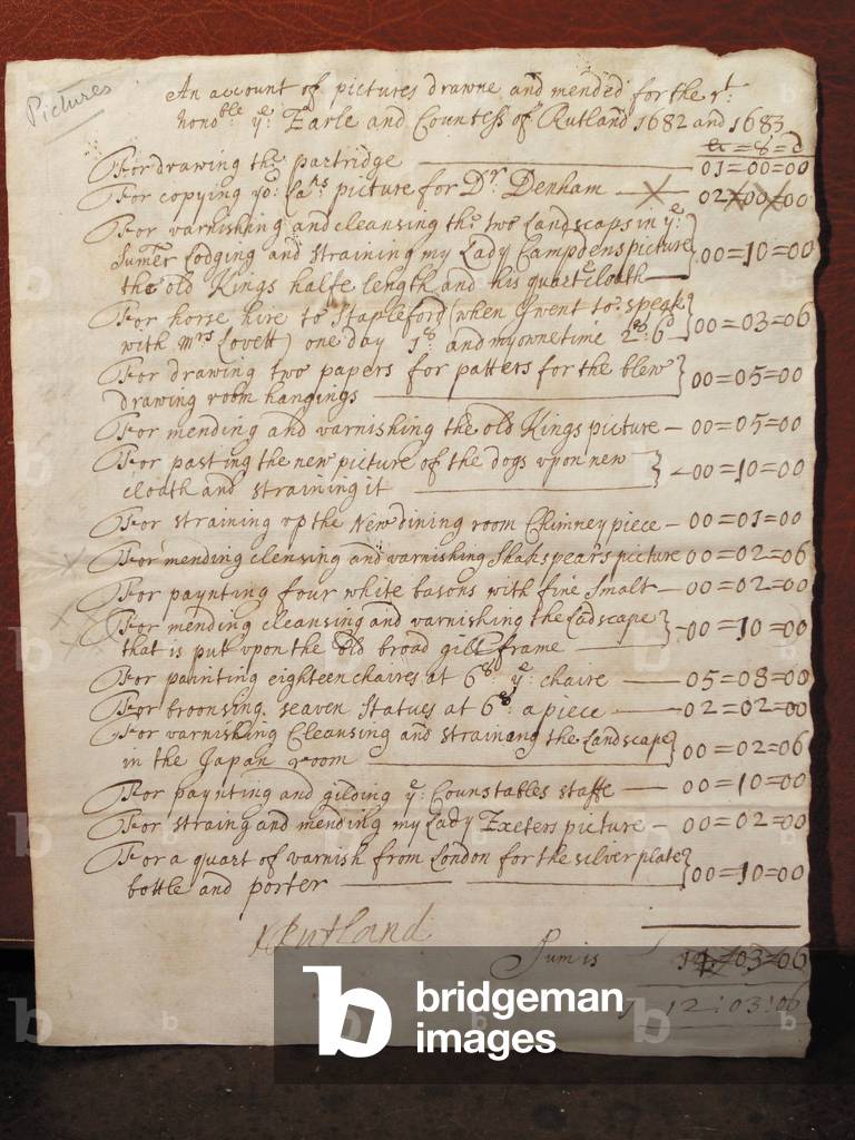 Invoice for the cleaning of a portrait of William Shakespeare, c.1682 (ink on paper)
