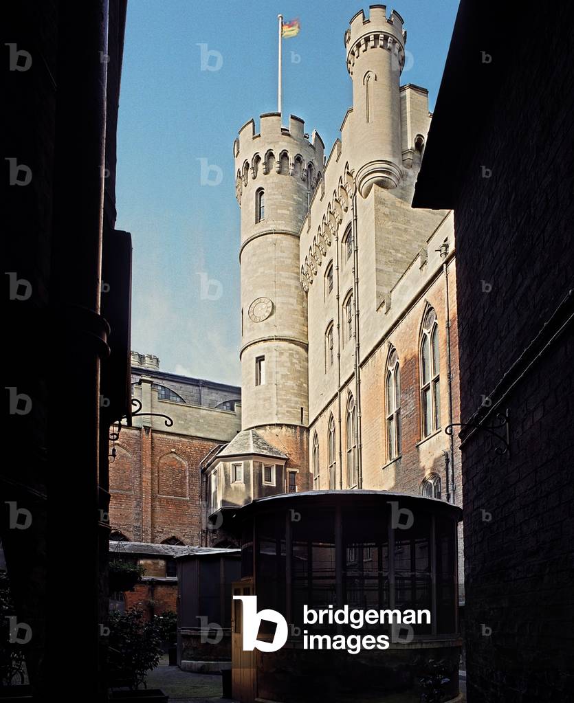 View of the courtyard with the circular game larders, Belvoir Castle, Leicestershire (photo)