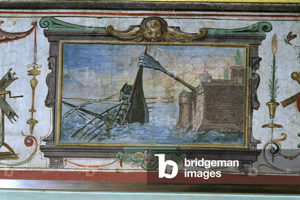 An device that allowed Archimedes (c.287-12 BC)  to drag a ship ashore, Stanza della Mattematica, 1587-1609 (fresco)