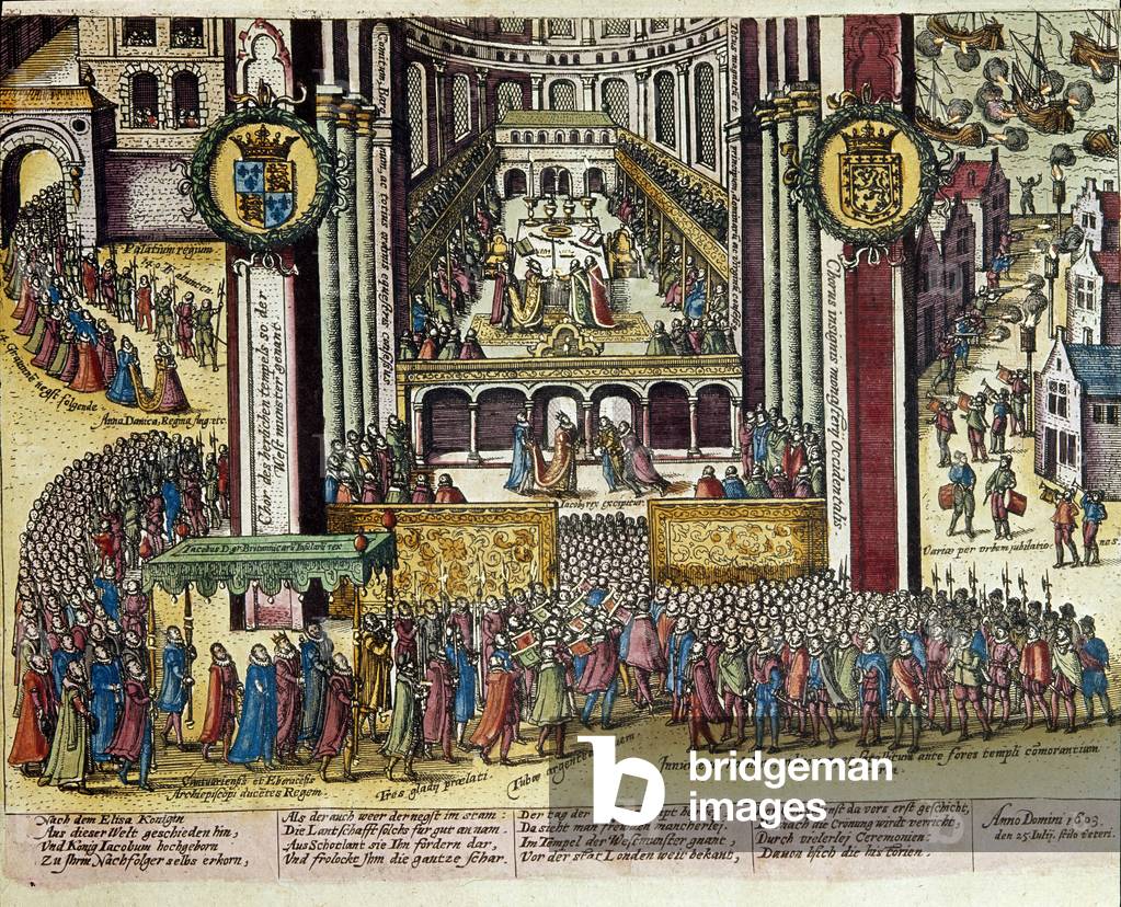 Incoronazione del re Giacomo I d'Inghilterra (1566-1625) nella Cattedrale di Westminster il 25/07/1603. 1653 S