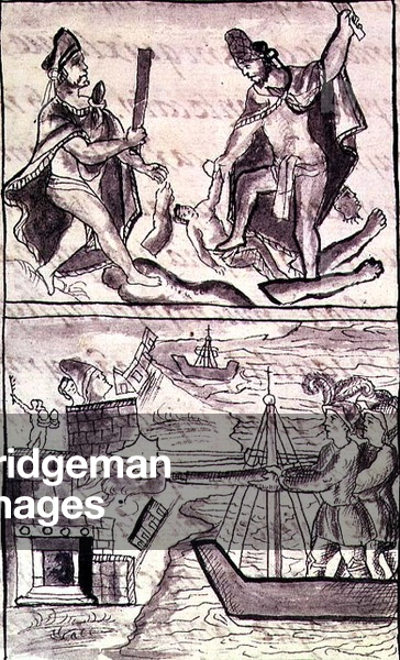 Codex of the conquest of Mexico: Quauhtenco and Mayenatzin punish traitors, 16th century (miniature)