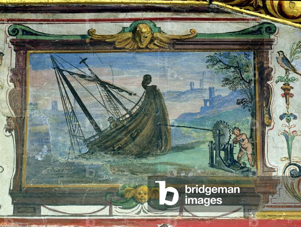 An endless screw that allowed Archimedes (c.287-12 BC) to drag a ship ashore, Stanza della Mattematica, 1587-1609 (fresco)