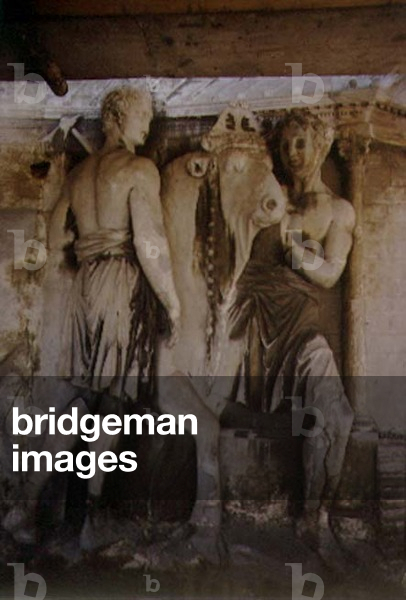 The Rear Facade, detail of antique relief decoration (some pieces from the Ara Pacis of Augustus) depicting two figures with a sacrificial bull (stone)