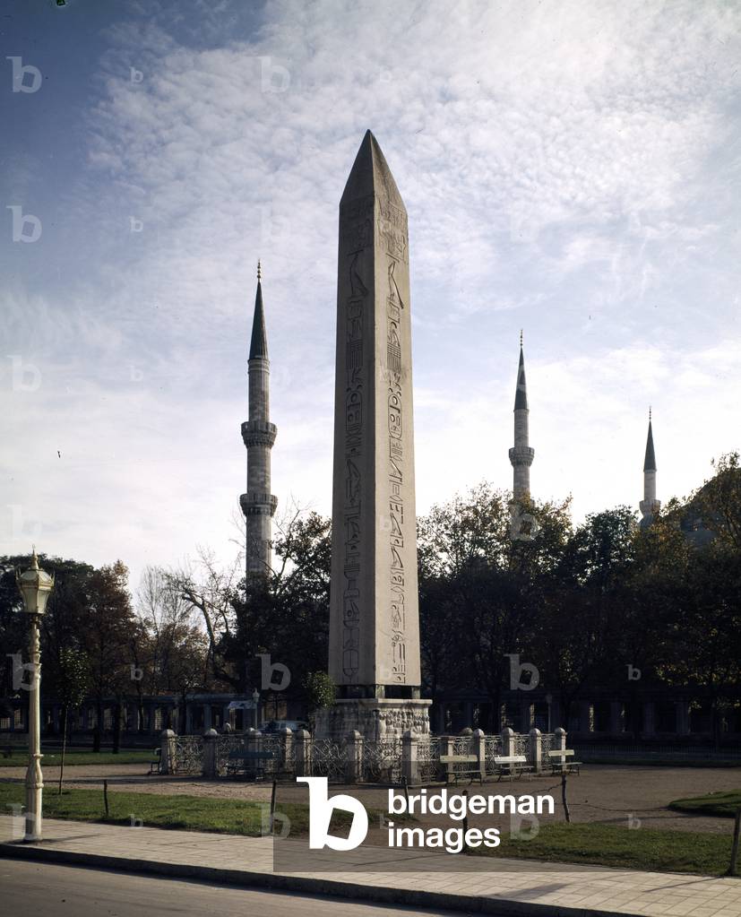 Obelisk of Tuthmosis III, from Karnak, on a pedestal depicting Theodosius I and his family, marking the line of the Spina (racetrack), 4th century (photo)