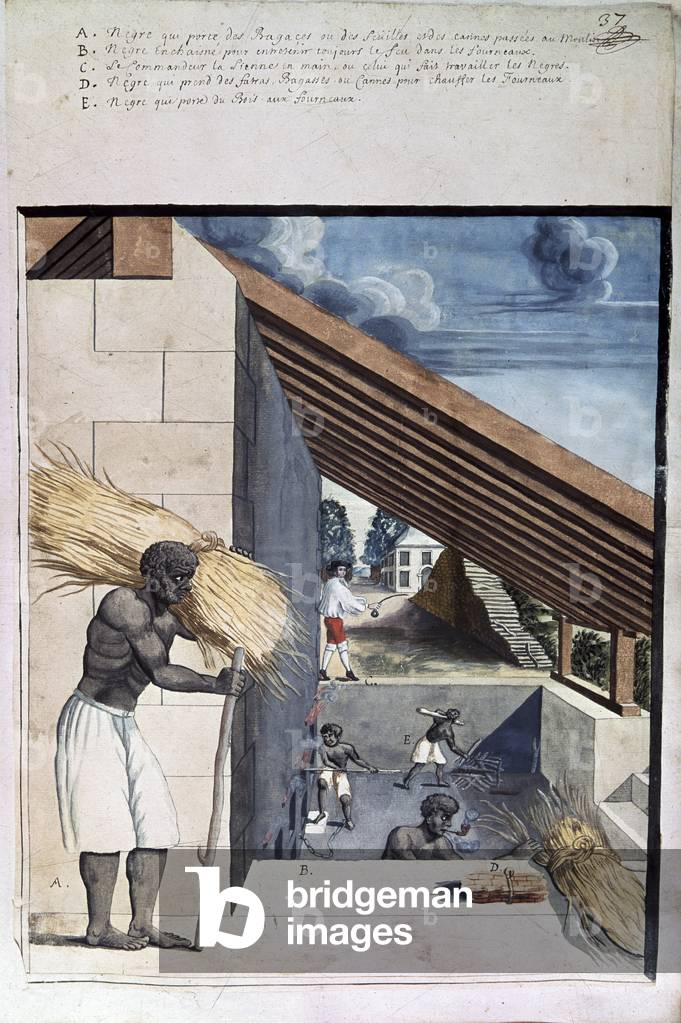 Slavery: slaves working in a sugar factory. Plate from “History of the West Indies” by Jean Baptiste Labat kno