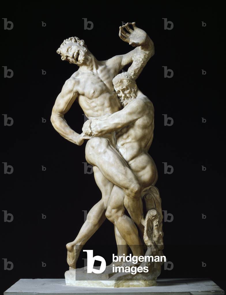Hercules sta soffocando Antee. Scultura in marmo di Vincenzo de Rossi (1525-1587). Firenze, Palazzo Vecchio.