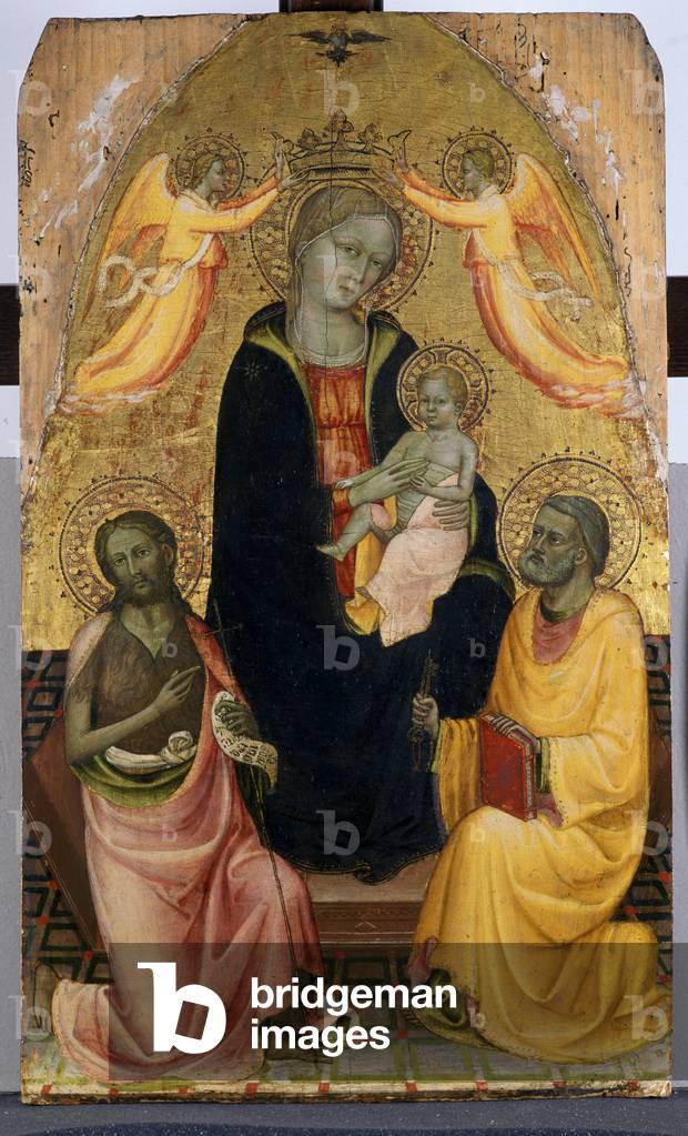 Enthroned Madonna and Child being crowned by two Angels, John the Baptist and the Apostle Peter, c.1410-20 (tempera on poplar wood)