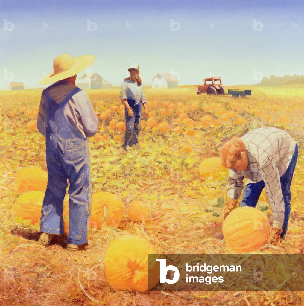 tre donne raccolta zucche olio su tela
