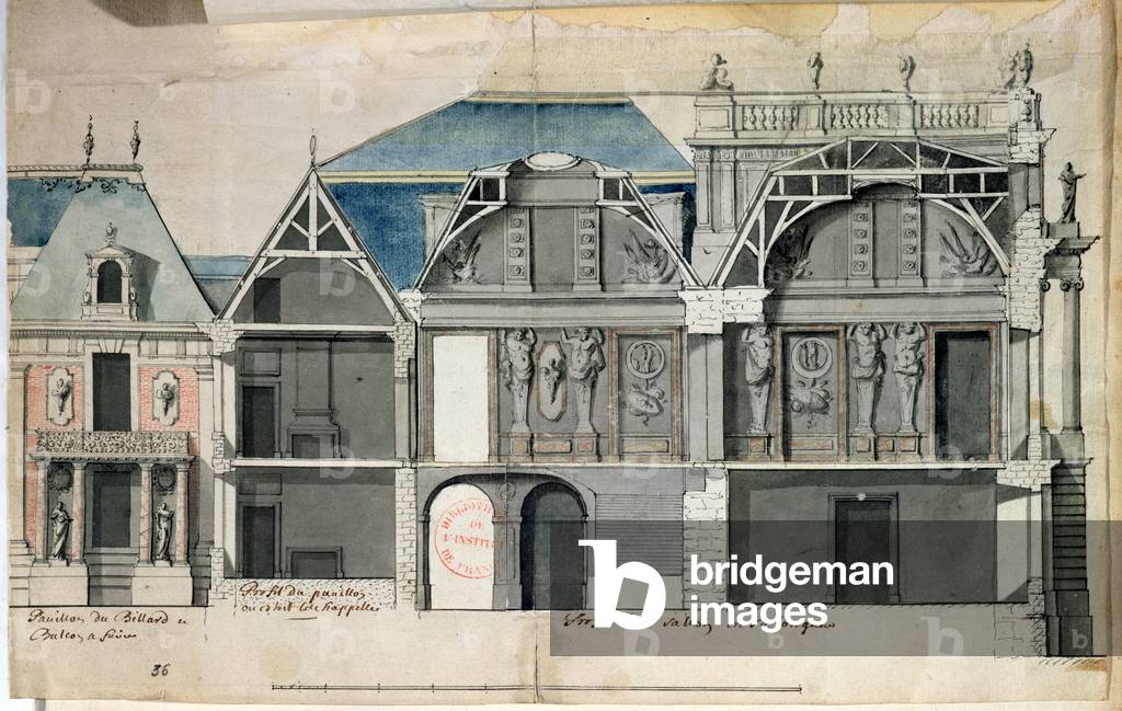 Ms 1307/36 Cross-section of a wing of the Chateau de Versailles constructed by Louis Le Vau (1612-70) (w/c on paper)