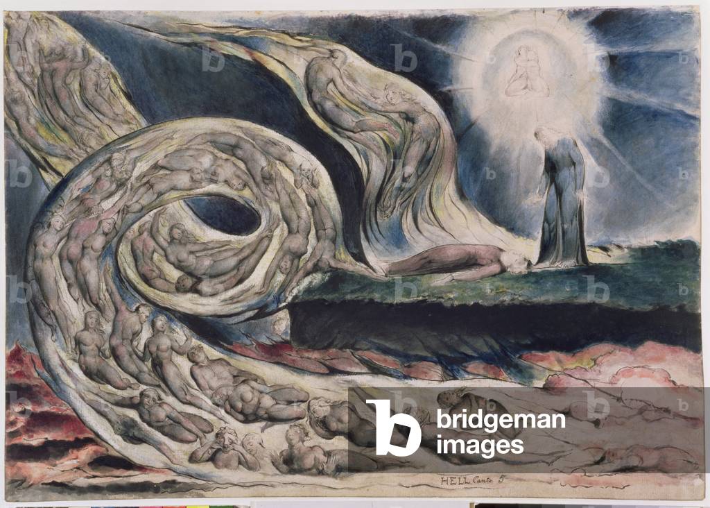 "Il Circolo dei Lussuriosi (Il turbine degli amanti) 1824 (inchiostro & w/c su carta)" 1824 di William Blake