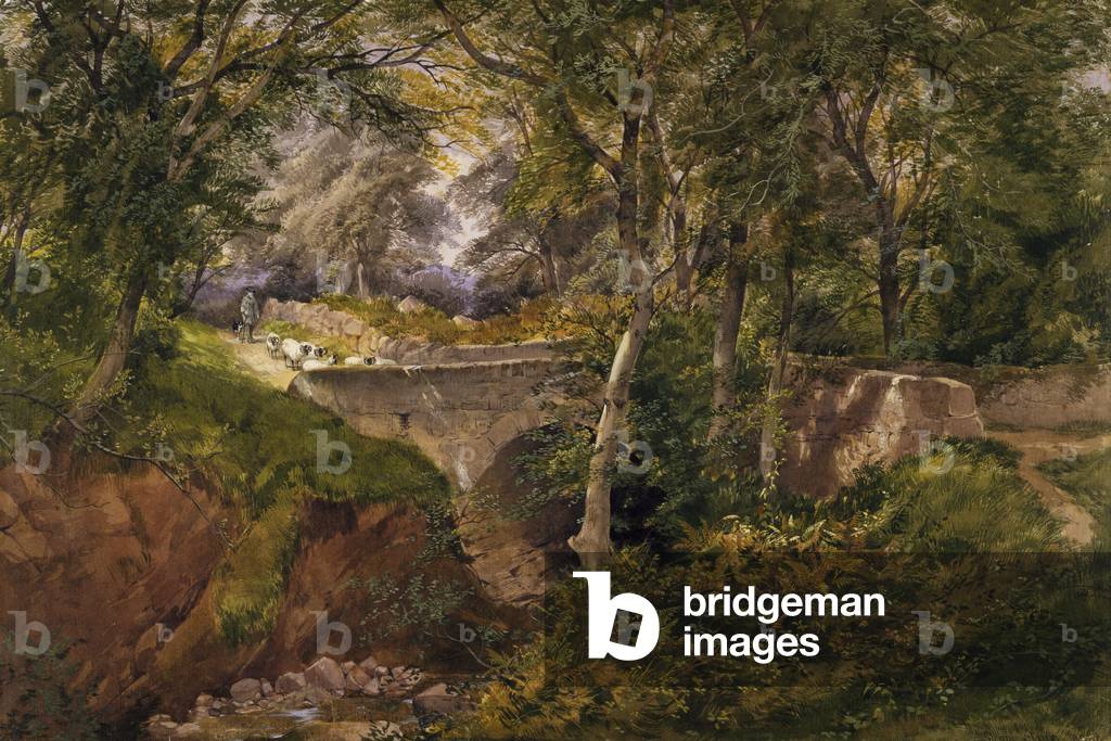 Paesaggio boschivo con pecore attraversando un ponte, 1868 (w/c, matita & gouache su carta)