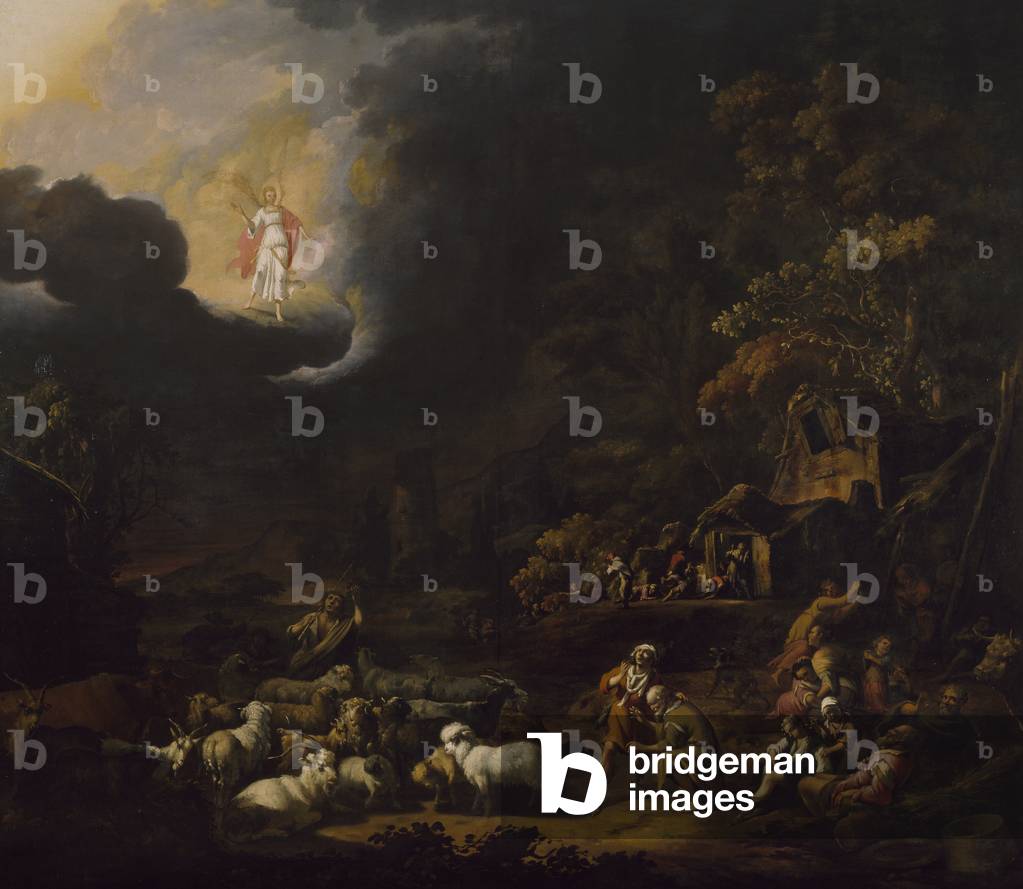 Immagine di Dipinto "L'angelo che appare ai pastori (olio su tela)", 17th Secolo di Adam Colonia, b/w