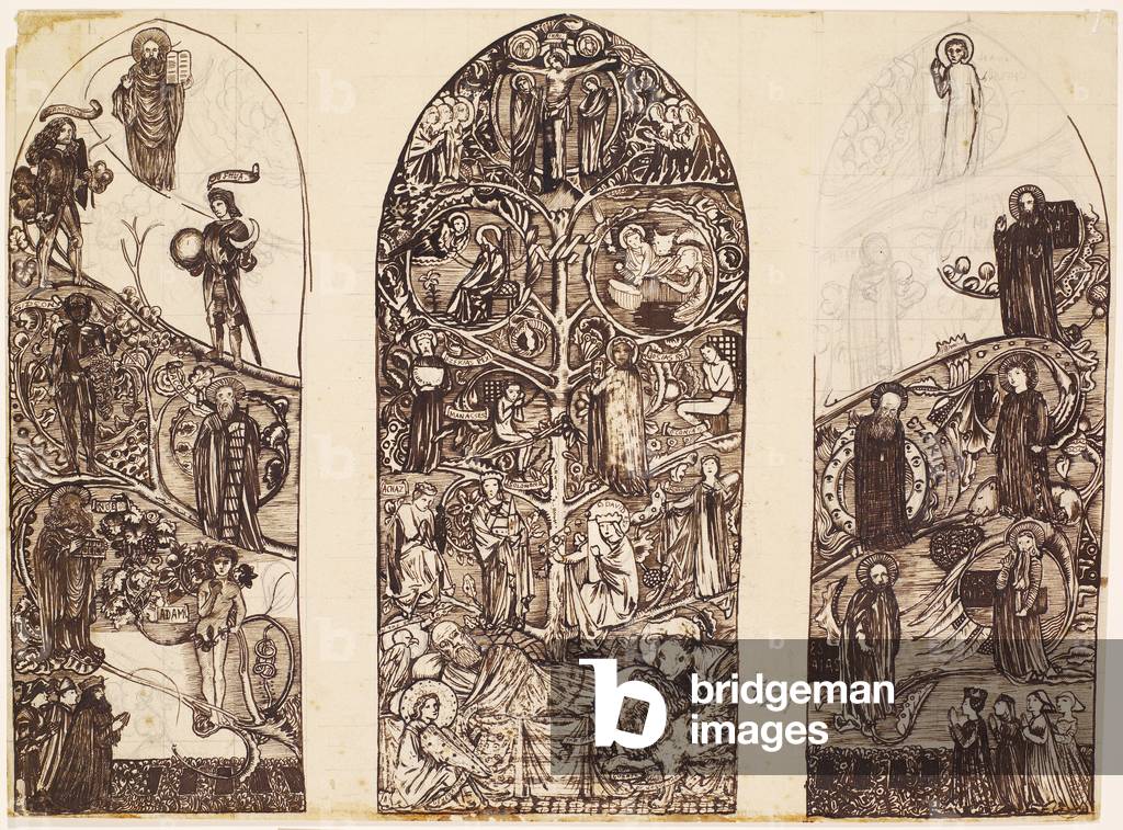 Immagine di Disegno "The Tree of Jesse" 1860 di Edward Coley Burne-Jones, b/w