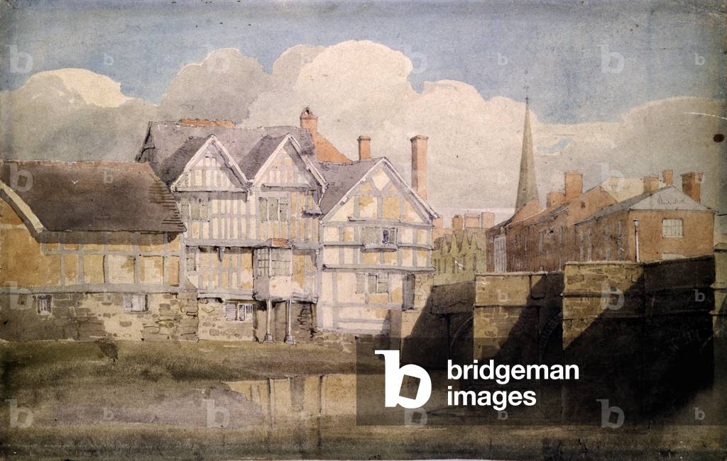 Vecchie case e ponte Wye, Hereford, 1820 (acquerello su matita su carta)