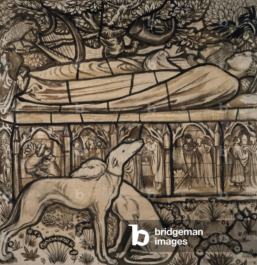 La tomba di Tristram e Isotta, cartone animato per vetrate colorate, 1862 (penna e pennello in seppia)