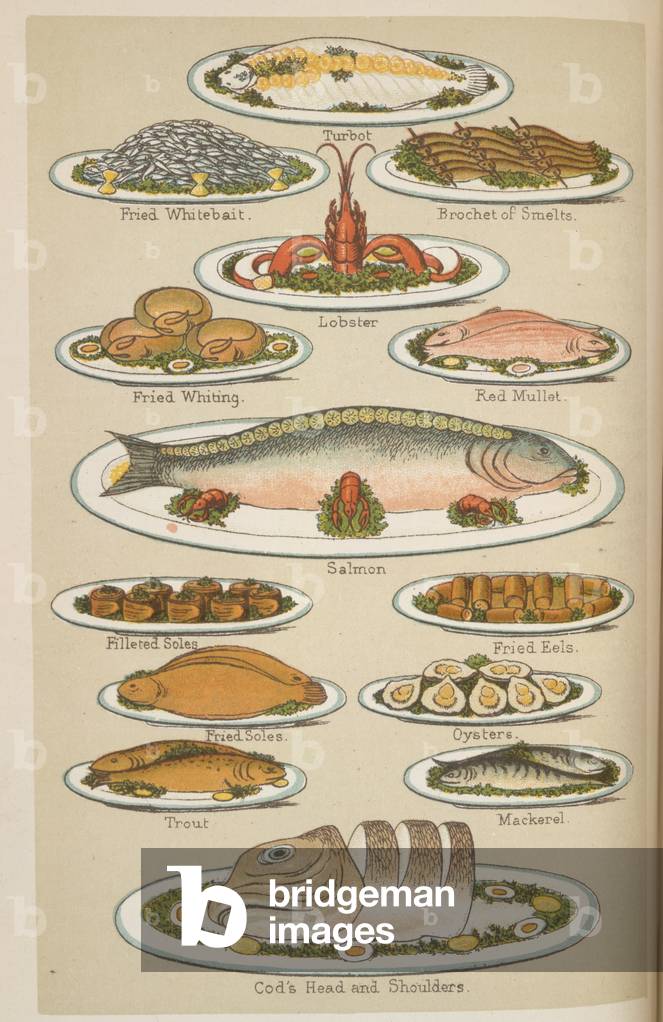 Piatti di pesce, da 'Beeton's Book of Household Management', a cura di Mrs Isabella Beeton, 1892 (color lito)