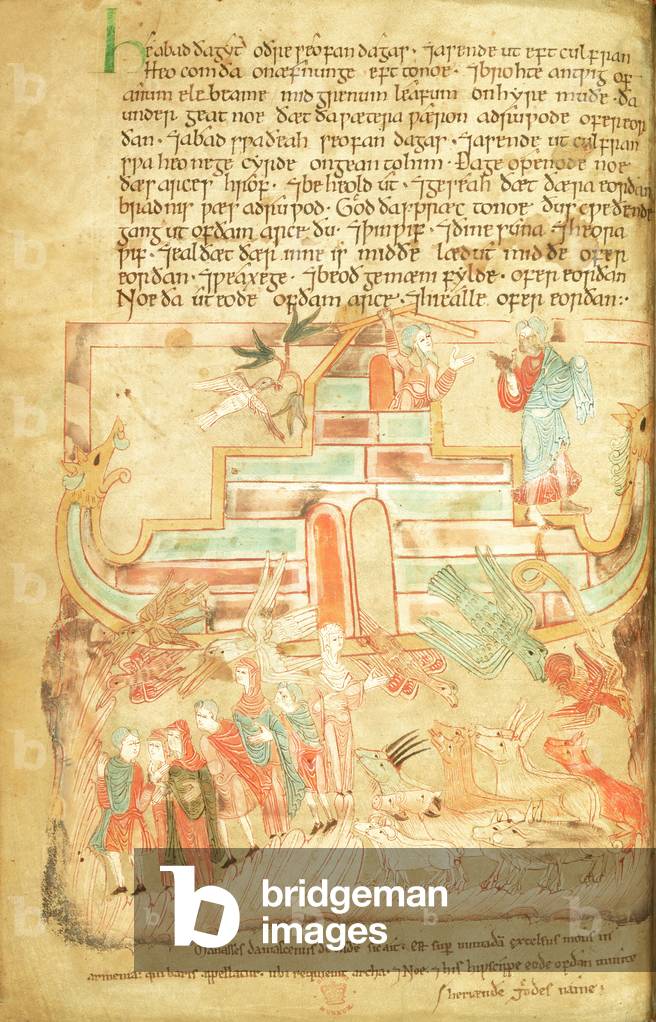Cott Claud B IV f.15v Noè e famiglia lasciando l'Arca, dal Aelfric Pentateuco, da San Agostino, Canterbury, 10