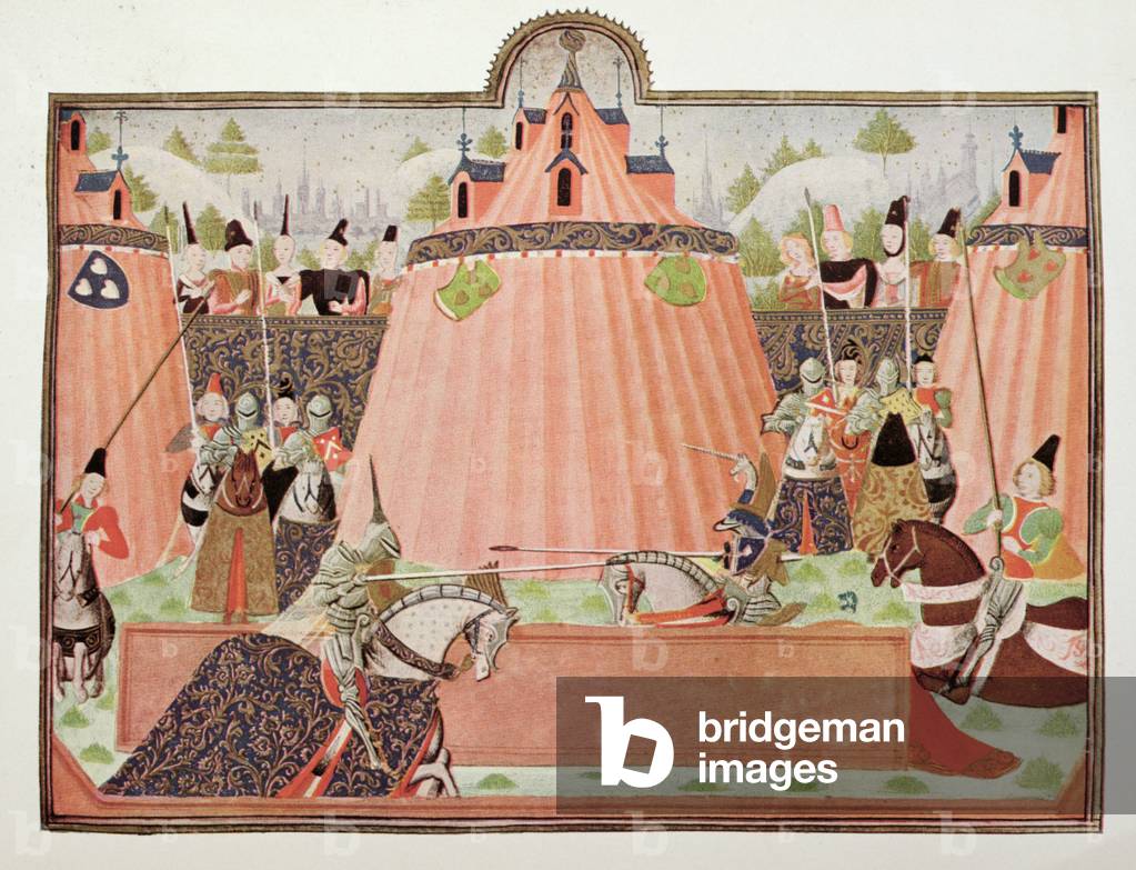 Harl 4379 f.43 Torneo a st Inglevert, da 'Cronaca di Froissart', Bruges, 1470-75 (pergamena)