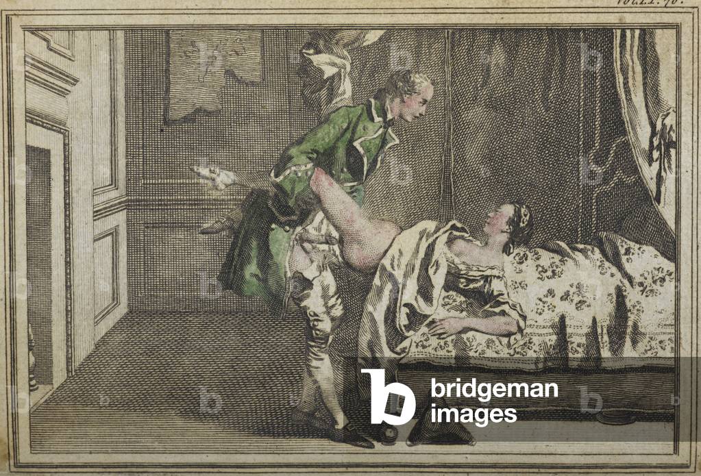 A man having sexual intercourse with a woman, in a bedroom, illustration from 'Memoirs of a Woman of Pleasure',  by John Cleland, 1766 (hand-coloured engraving)