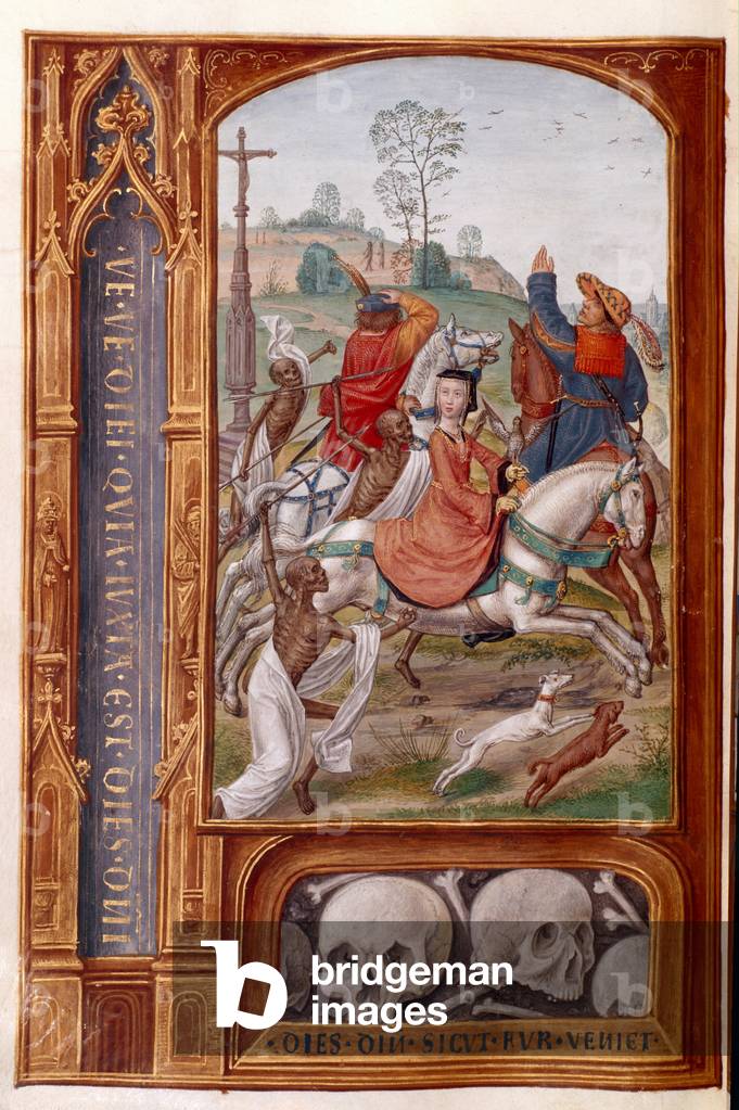 "Aggiungi 35313 fol.158v Skeletons attaccano una squadra di caccia", 16th Secolo di Gerard Horenbout