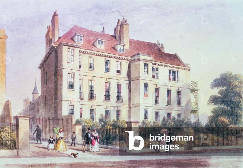 "Eingang zum Queen Square vom Park aus mit Blick auf Jeremy Benthams House", C19. Jahrhundert von Thomas Hosme