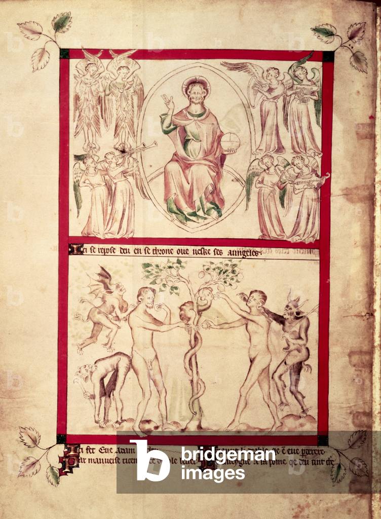 "Roy 2 B VII f.3v Gott in einer Mandorla umgeben von musikerischen Engeln", 14. Jahrhundert von English School