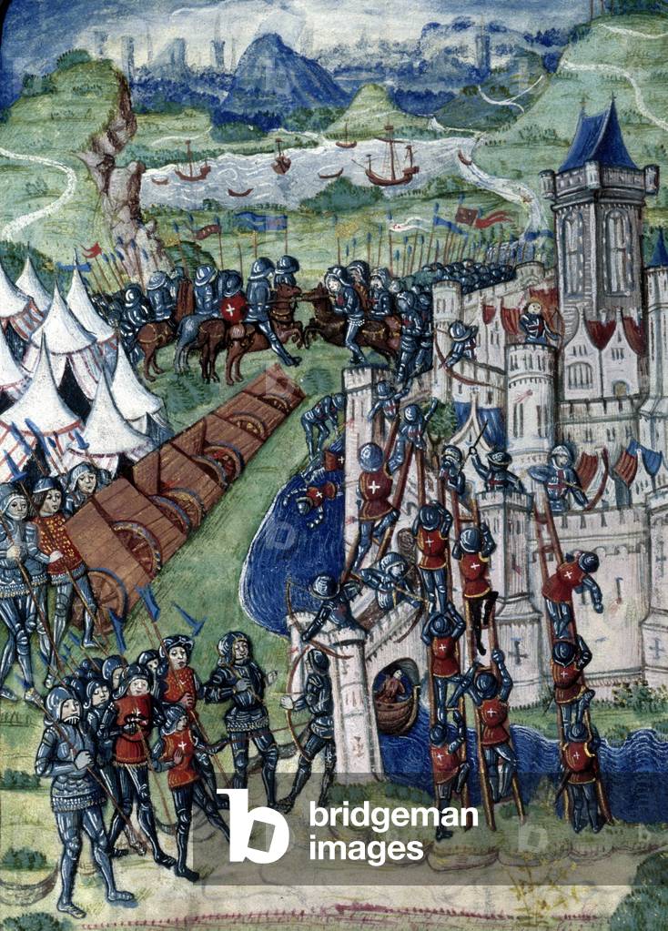 "Attaque d'une ville fortifiee (siege de Saint Jacques en Normandie?). Miniature tiree de Chroniques de France