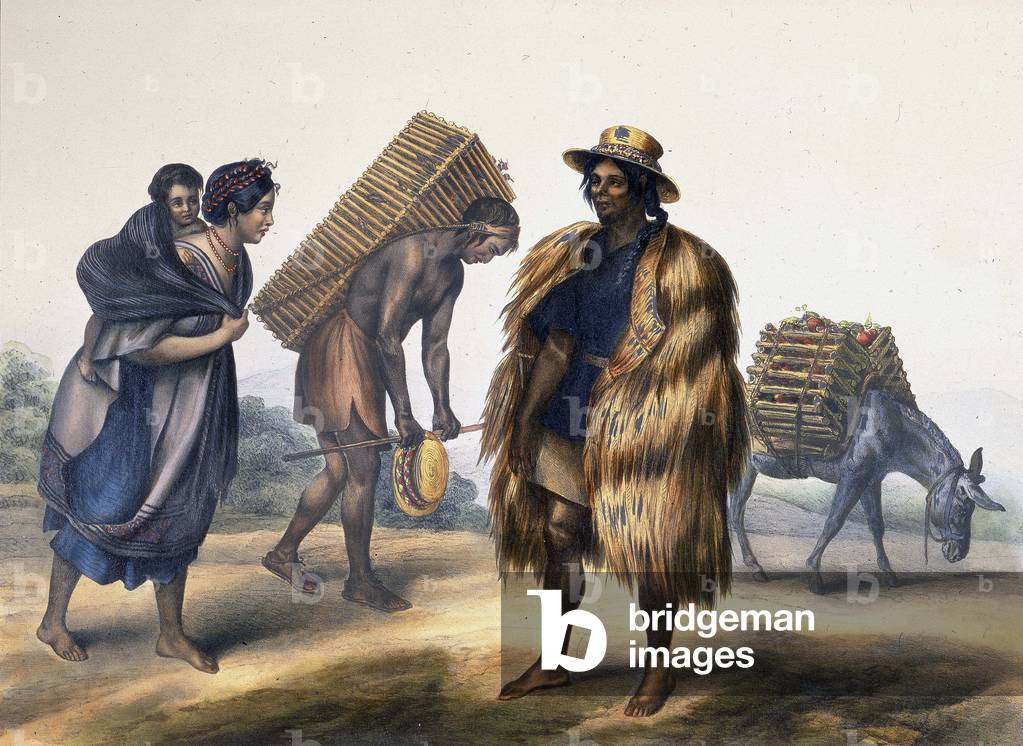 Drei Mexikaner, darunter eine Frau mit einem Kind. Abbildung aus der „Malerischen und archäologischen Reise in