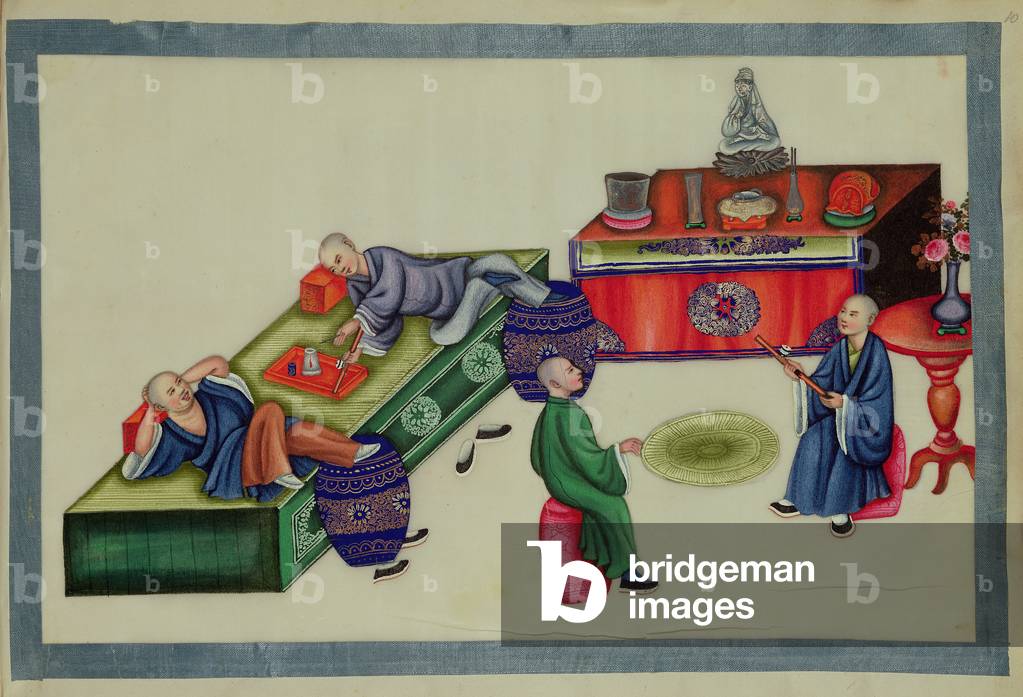 Raucher in einer Opiumhöhle, aus 'The Evils of Opiumrauchen', in einem Album gebunden, Farbe auf Papier