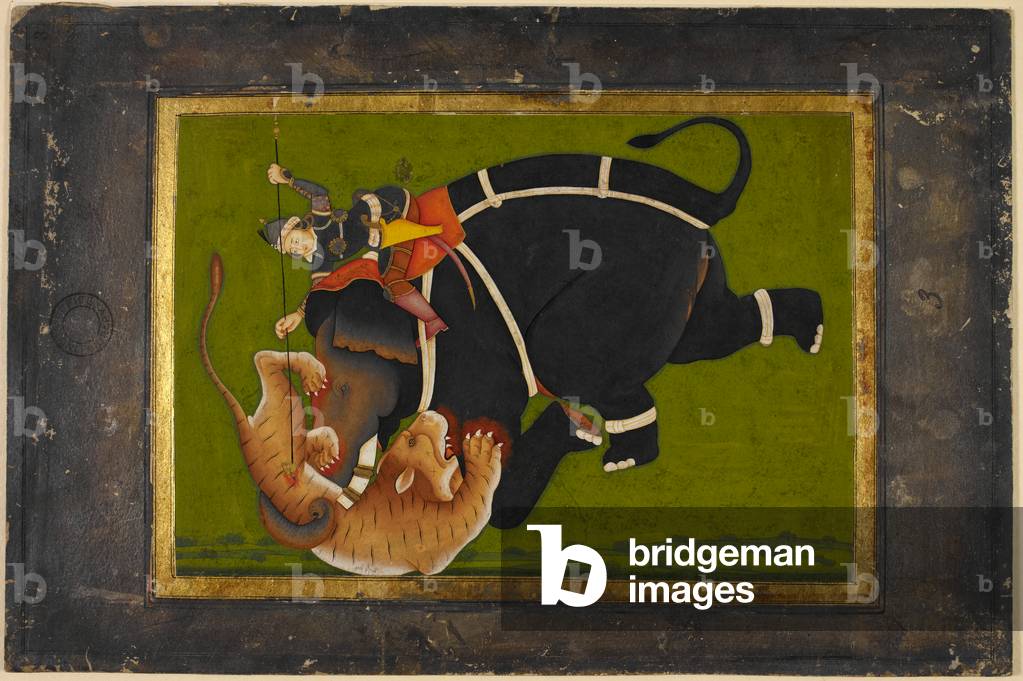Image of Painting depicting An elephant tramples a tiger whilst the hunter spears the tiger in its side, 1770
