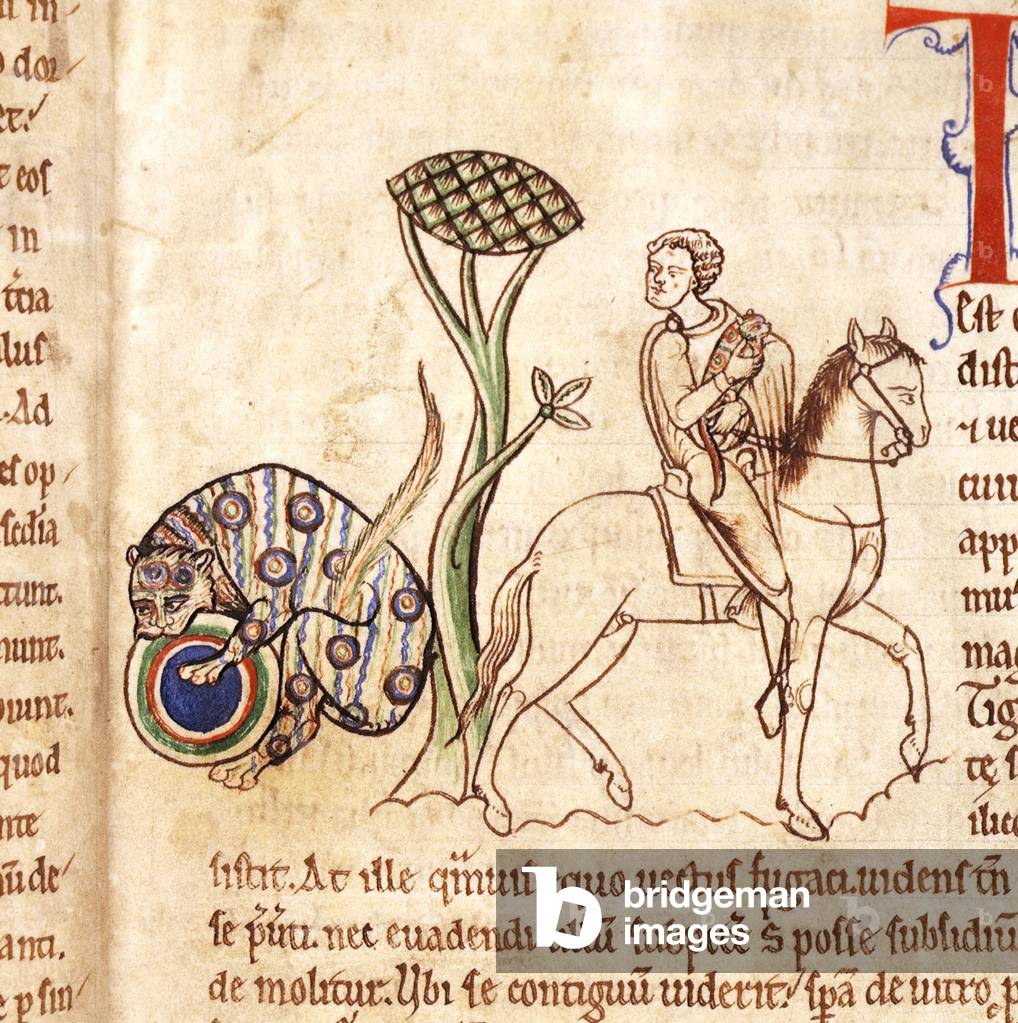 A man stealing a tiger cub, c1170. A man on horseback steals a tiger cub from its mother, distracting her from