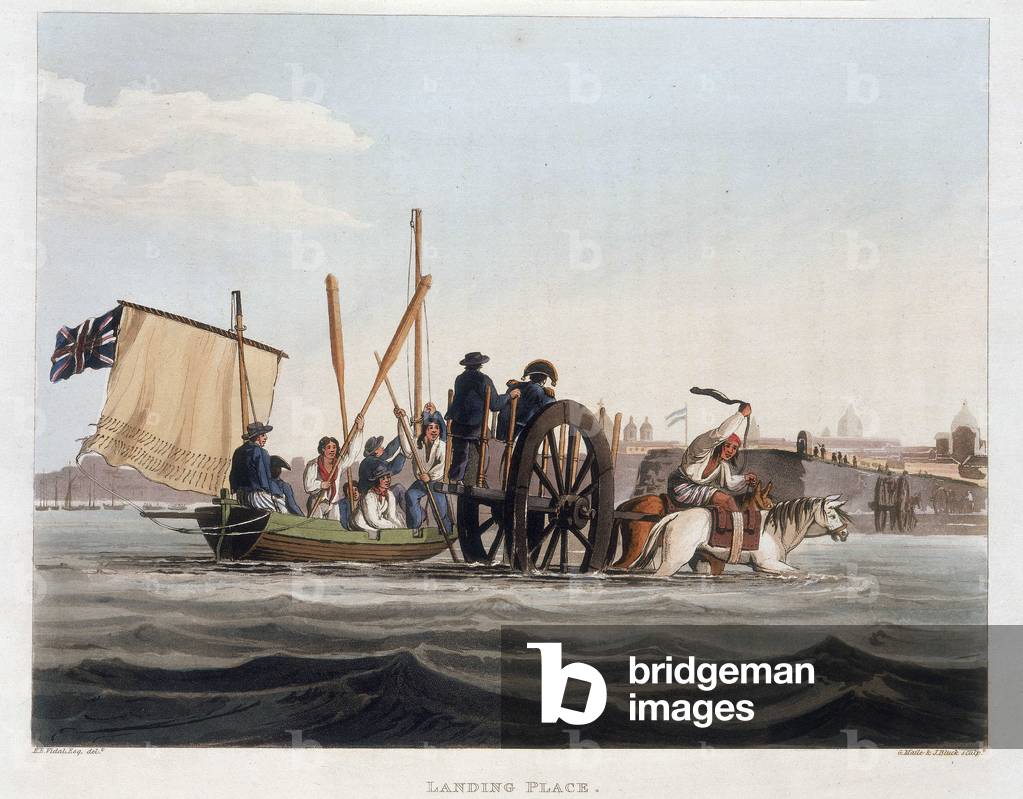 Ankunft der Engländer in Montevideo, Uruguay. Kupferstich von J. Bluck, 1820.