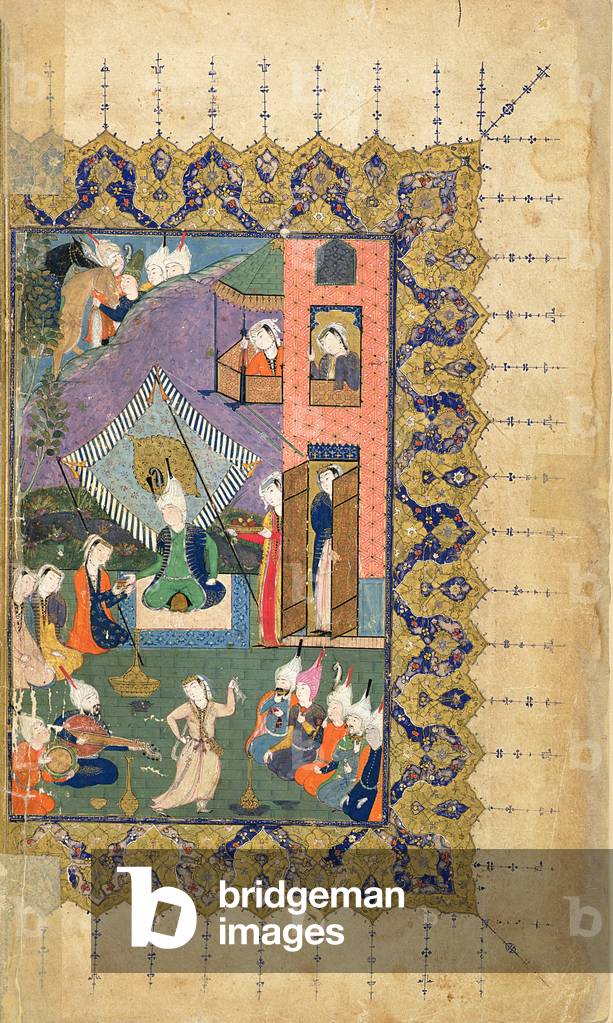 Or.5346 f.1v Un principe in un harem seduto sotto un baldacchino e offerto vino da una donna, persiano