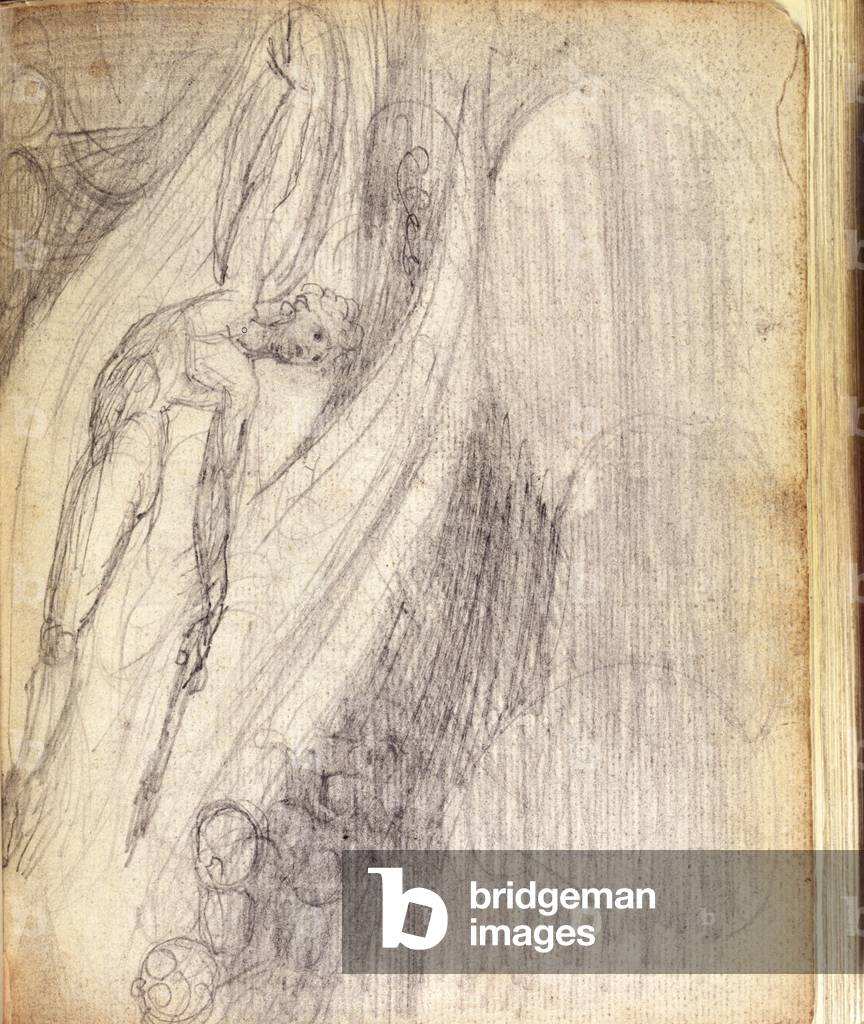 Bild von Gravur "Nackte fliegende Figur" von William Blake, b/w