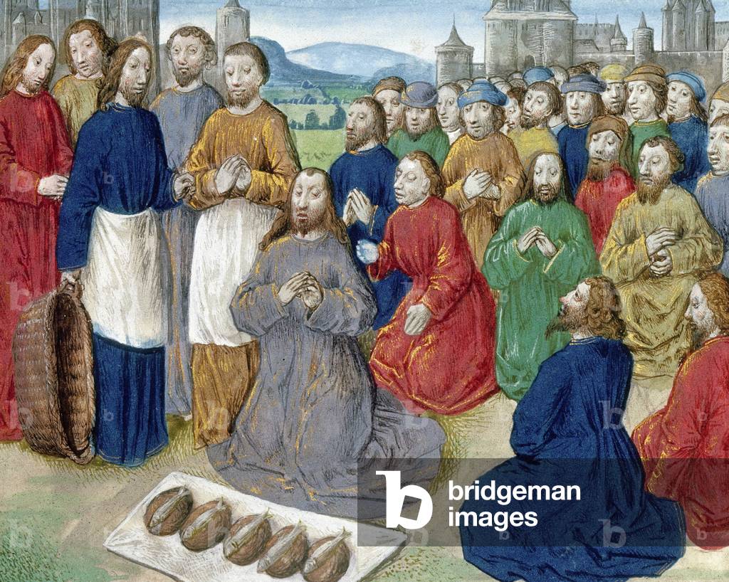 The Feeding of the Five Thousand, 1479. Christ kneels in front of a cloth on which lie five loaves of bread an