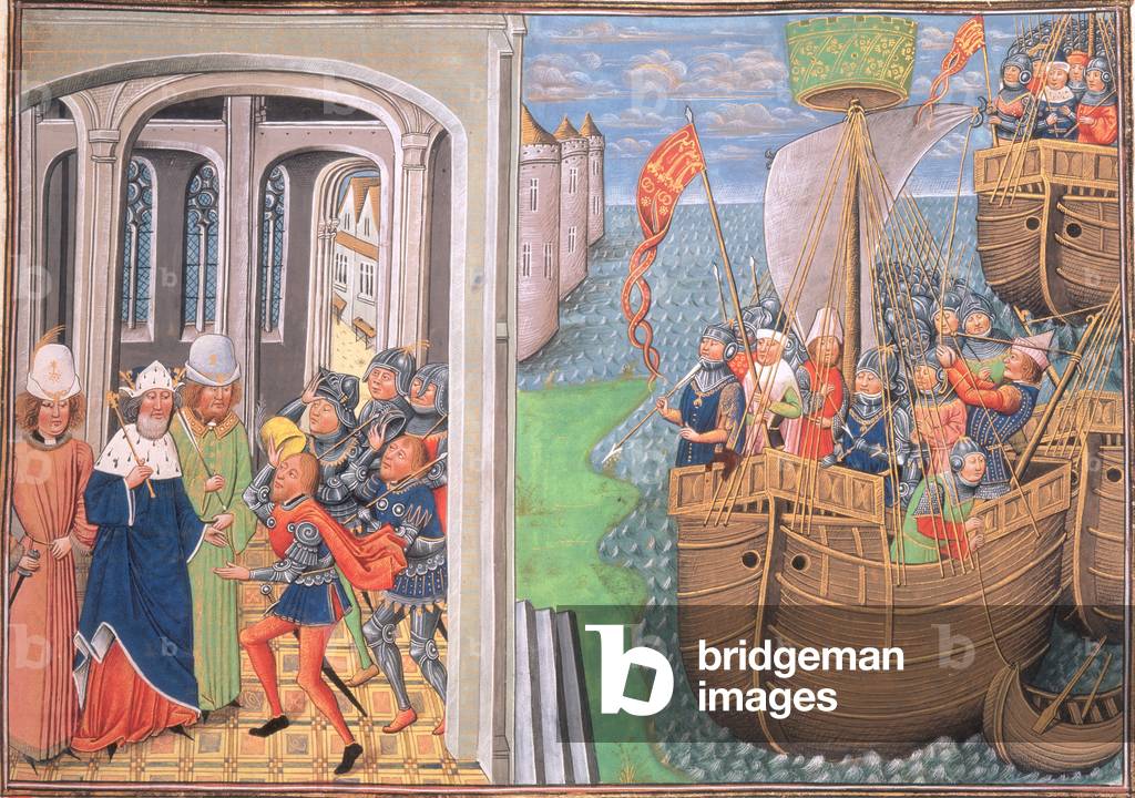 Roy 14 E IV f.195 Die englische Flotte landete in Lissabon - The English Audience, Vol III 'From the coronatio