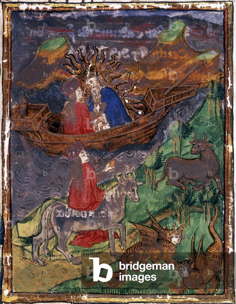 Jove surrounded by sun's rays sits in boat with Europa. In the foreground