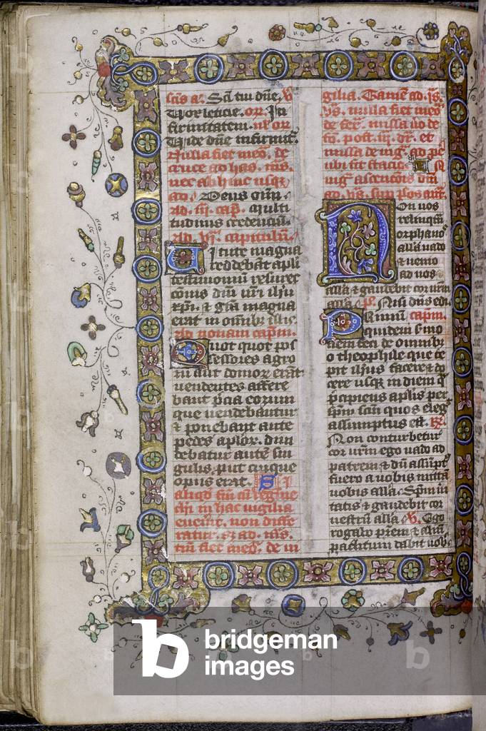 Decorated initials and full bar border with quatrefoils, a few acanthus leaves, small red masks and foliate decoration at the beginning of the vigil of the Ascension