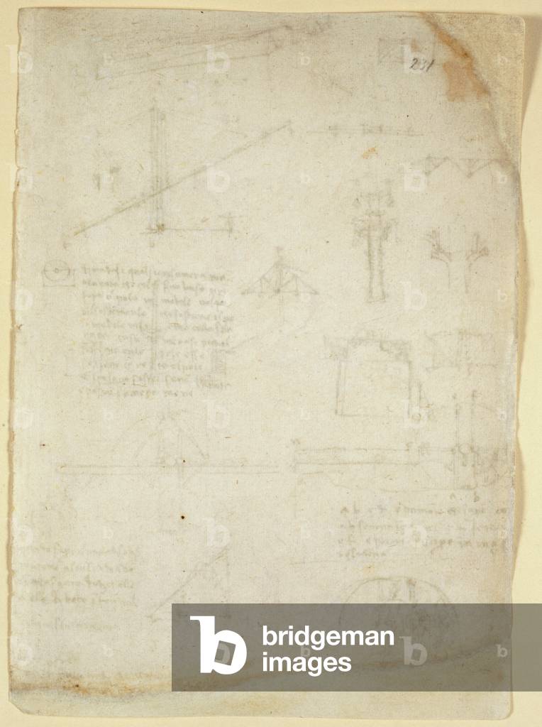 Arundel 263 f.231v Notes and sketches on mechanics from 'Codex Arundel' (pen & ink on paper)