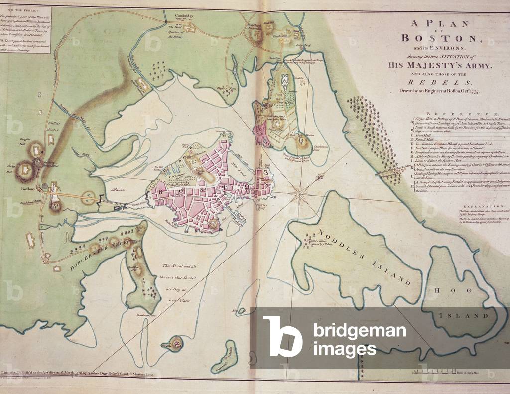 "Piano di Boston e i suoi dintorni che mostra la posizione delle forze britanniche e le forze ribelle american
