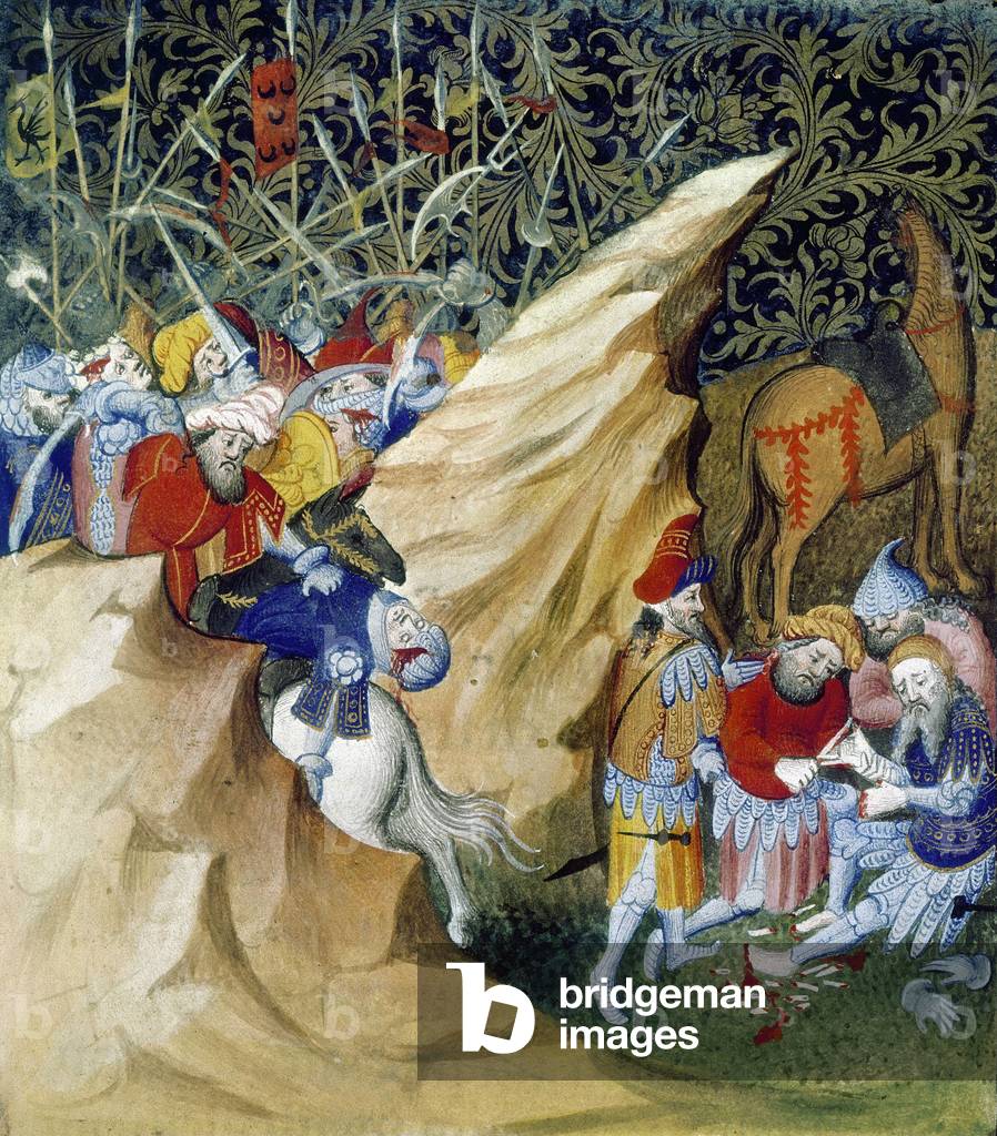 Cattura di Adonibezek, inizio del XV secolo. Da dietro la roccia si possono vedere le teste di uomini che si c