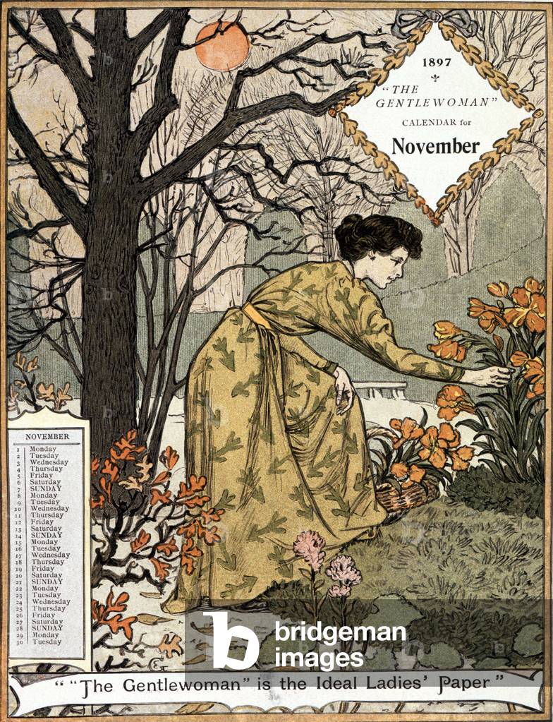 Calendario Gentlewoman rappresentante le donne perfette: mese di novembre 1897. Una donna sta raccogliendo fio