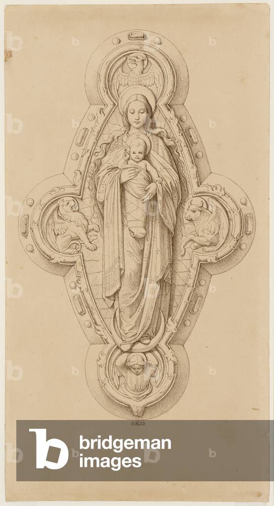 Study for a relief sculpture showing the Virgin and child surrounded by the symbols of the four Evangelists, 1855 (pen and grey ink over graphite)