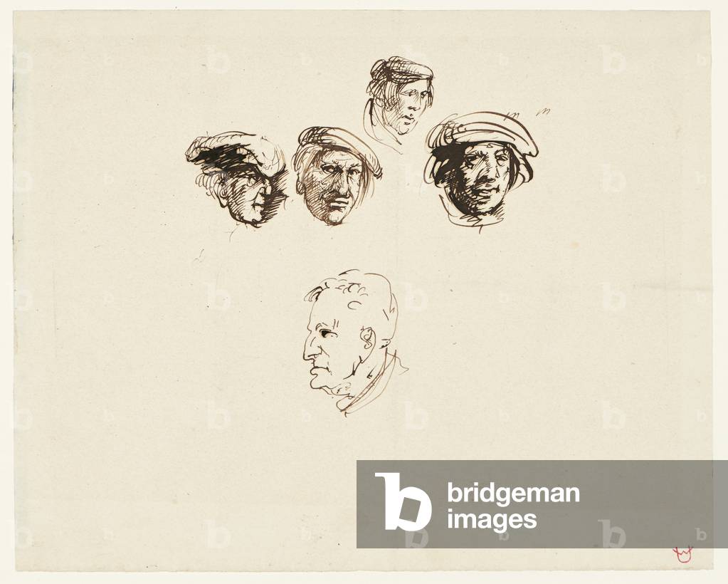 Head studies and caricatures, c.1820-43 (pen and brown ink)