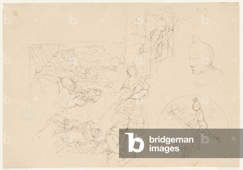 A young man playing a Mandoline to his beloved; a masked head; a masked figure being led by Cupid, c.1820 (pen and brown ink)