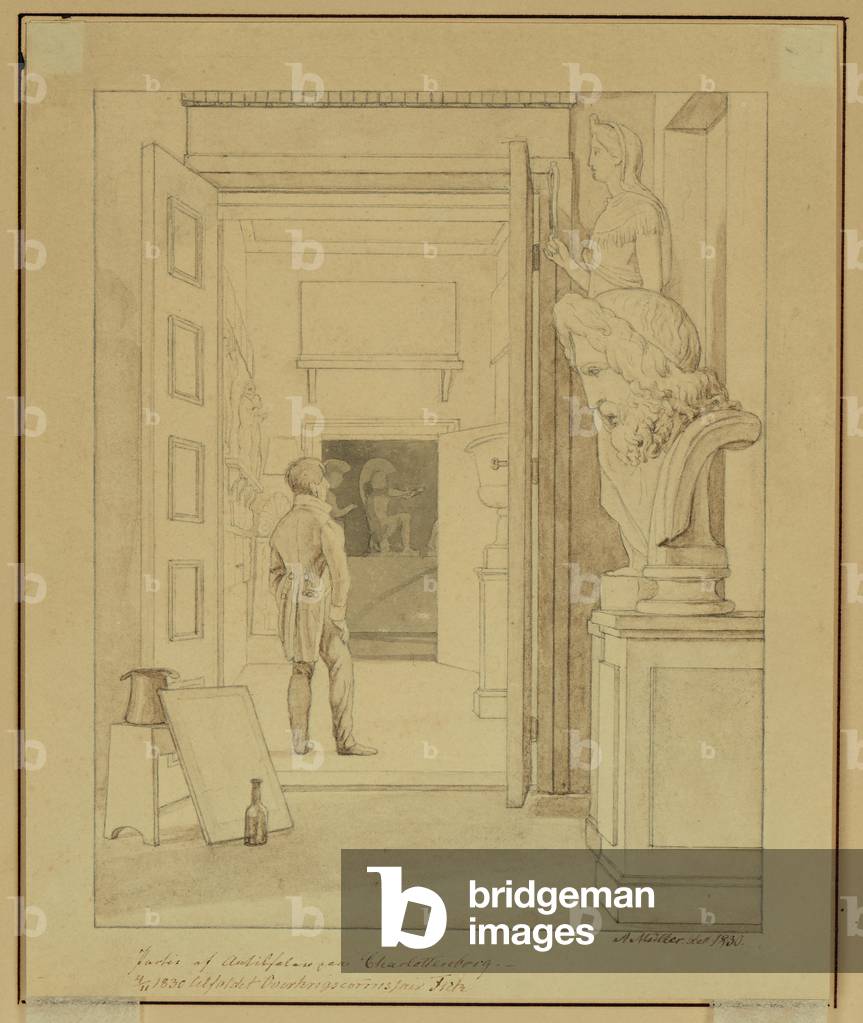 The Gallery of Antique Sculpture at Charlottenborg, 1830 (pen and ink and brown washes over graphite)